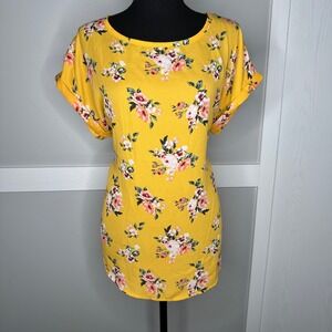 Wishful Park Floral Blouse Womens Large Mustard Yellow Short Sleeve 42008SG NWT